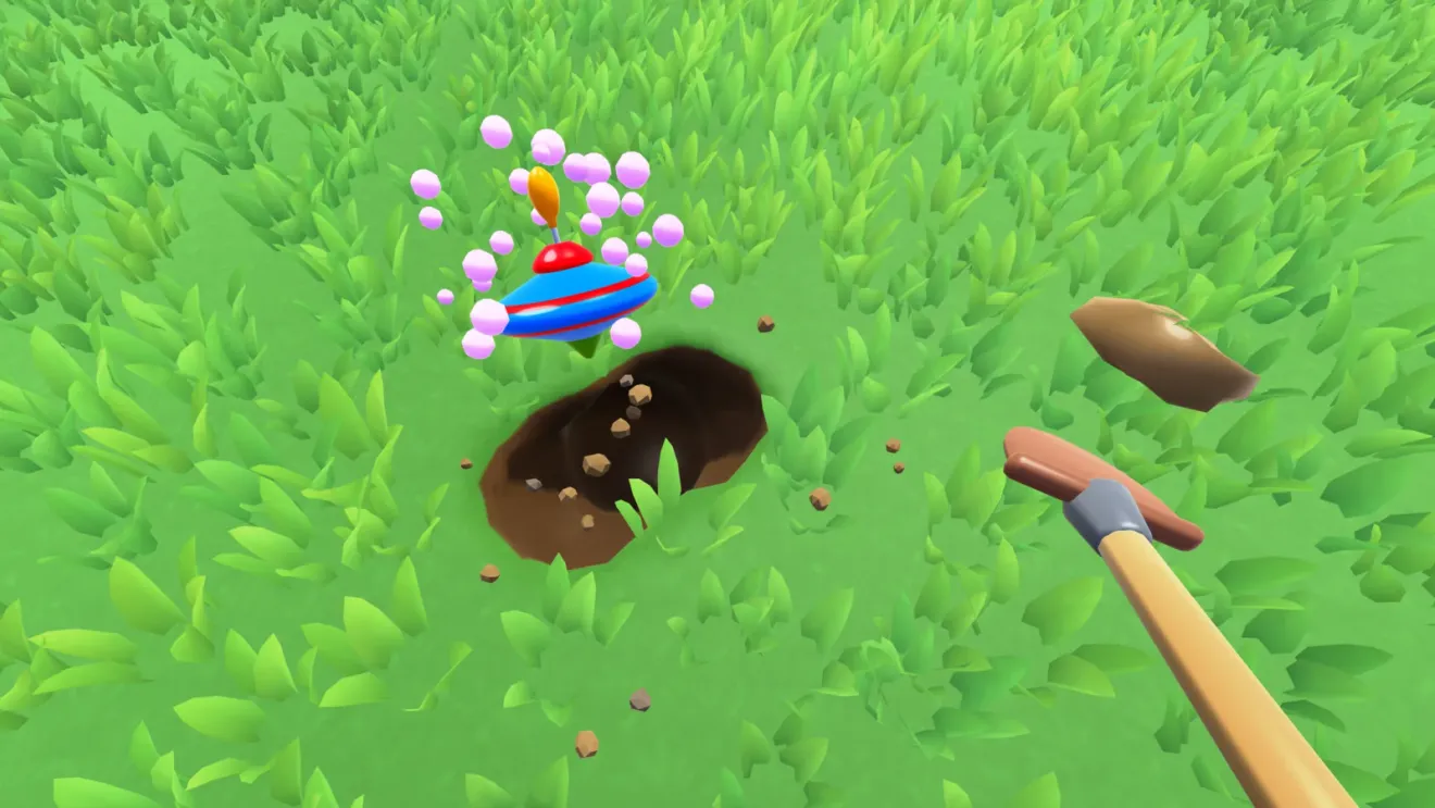 First-person view of a shovel digging a hole in the lawn and uncovering a spinning top